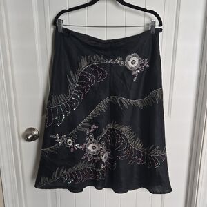 Vintage 90's/ early Y2K Black Embroidered 100% Linen A-Line Skirt Boho Beaded